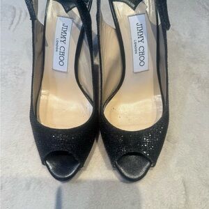 Jimmy Choo Black Glitter Peep-Toe Platforms